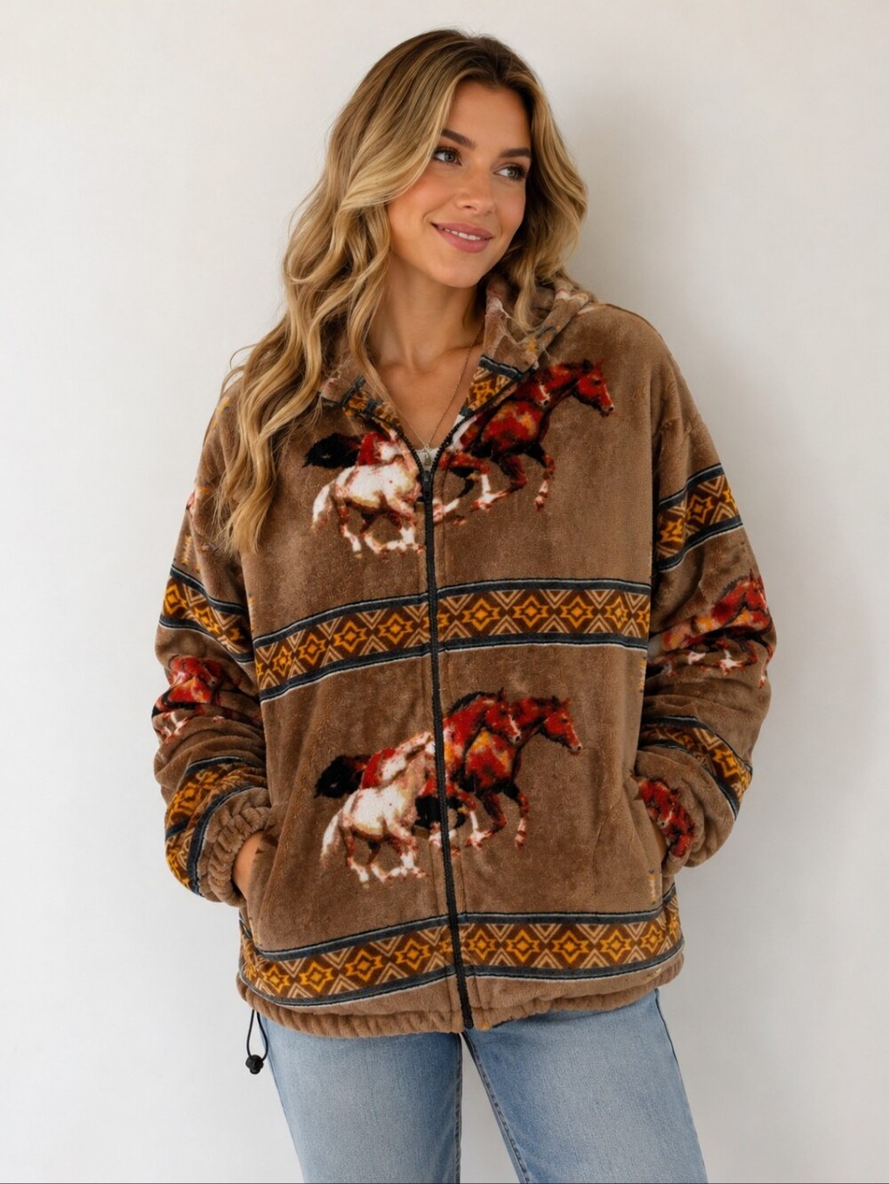 Western Horse Aztec Plush Fleece Zip Up Hooded Jacket Brown Size Large